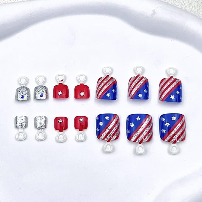 Independence Day Glitter Stripe Press-On Toenails Short Square False Toenails July 4th Blue Rhinestone Patriotic Star Design for Women Girls Independence Day Nail Art Decorations 24 Pieces