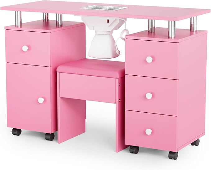 OmySalon Nail Desk and Chair Set, Manicure Table with Dust Collector, Arm Rest, 8 Wheels, Acetone Resistant Desktop, Drawers & Cabinet Storage for Makeup Beauty Salon (Pink)