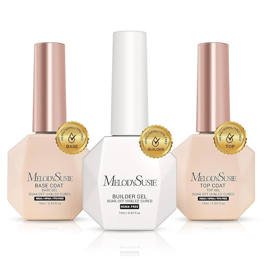 MelodySusie Hema Free Top Coat Base Coat Builder Gel Set Long Lasting Shine Finish Soak Off UV LED Nail Lamp Nail Polish Art Design Manicure Kit Perfect Gifts for Women Girls 3 Pcs 15ml Clear