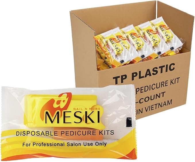 Disposable Pedicure Kit, 200 Sets – 4-Piece Individually Wrapped Nail Care Set with Yellow Pumice, White 80/100 Grit Nail File, Orange Buffer, Toe Separators – Spa & Salon Use