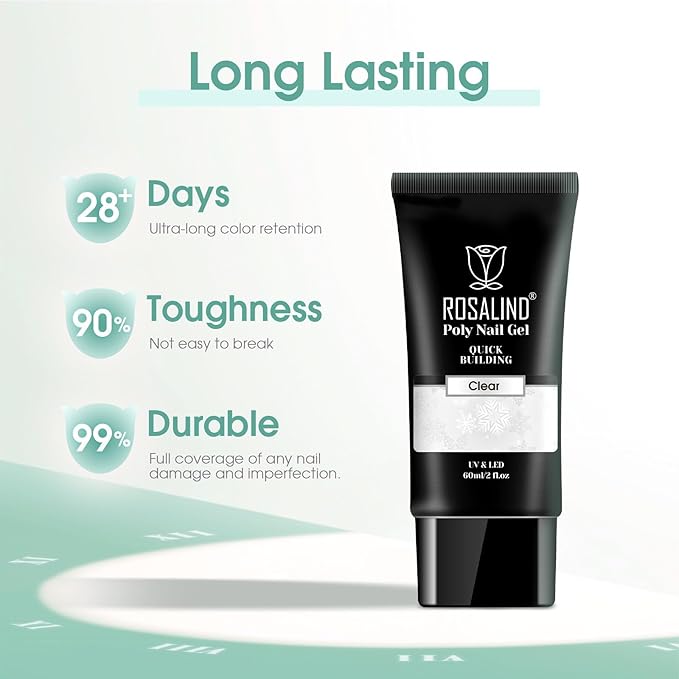 ROSALIND 2 oz Clear Poly Nail Gel - Professional Nail Extension Gel for Long Lasting DIY & Salon Nails, Quick Dry UV/LED Light Cured Transparent Nail Builder Clear Gel Summer