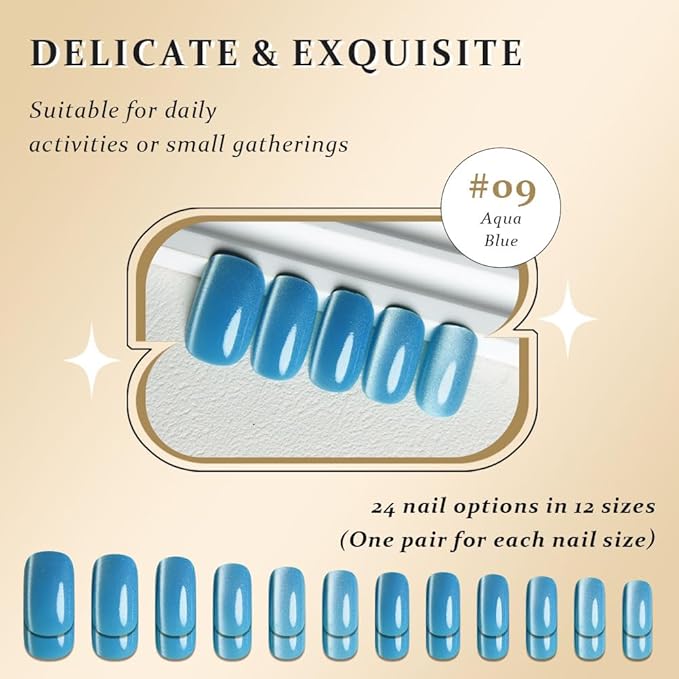 Aqua Blue Cat Eye Press on Nails Medium Square, Medium Square Press Glue on Nails Chrome for Women Gift, Aqua Blue Holographic Glitter Glossy Reusable Gel Acrylic Fake Nail with Designs Cateye Effect