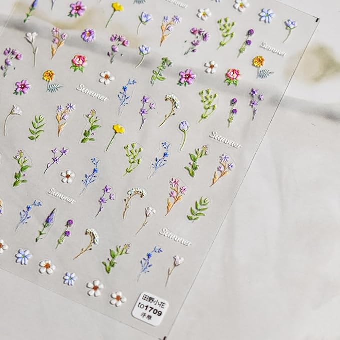1Pcs Little Wild Flower Nail Stickers Small Daisy Nail Decals 5D Embossed Wildflower Nail Art Stickers Spring Summer Pink Yellow Blue White Green Flower Design Nail Art Decoration for Women Girls Kids