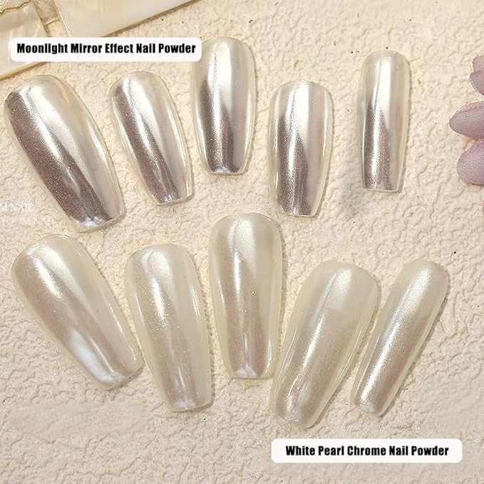 2PCS Moonlight White Chrome Nail Powder, Pearl Nail Powder High Gloss Mirror Effect Pearlescent Iridescent Glitters Powder for Nails Art Design 2 Colors