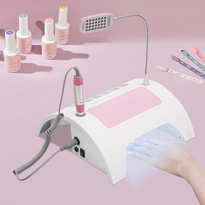 5 in 1 Nail Lamp, Nail Dust Collector with Nail Drill Hand Rest and LED Desk Lamp, LED Nail Lamp for Gel Polish for Nail Salon and Home Use.(Pink,Basics)