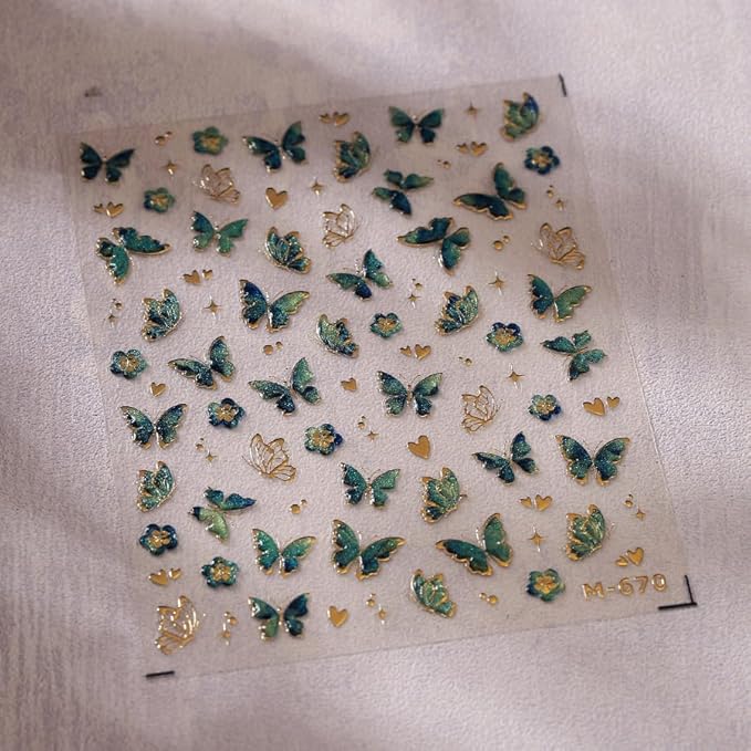 5D Butterfly Nail Art Sticker Decals Crystal Soft Self Adhesive Embossed Spring Nail Stickers Design Gold Red Green Butterfly Nail Decals Supplies Accessories 2 Sheet