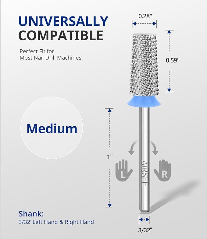 AIRSEE Tungsten Carbide Acrylic Nail Drill Bit Efile Electric File Machine Head Tip for Manicure Polishing Art Remove Gel 3/32" 2 Way Professional Tech Flat Top Tapered Barrel Medium-M