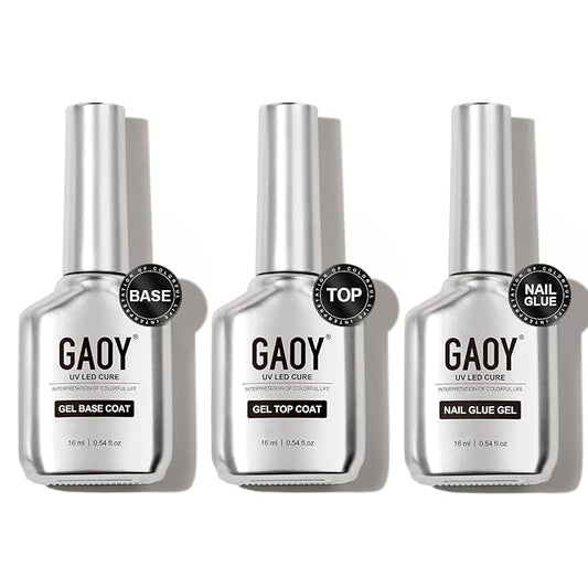 GAOY Gel Top Coat, Nail Glue Gel and Base Coat Set, 3 Pcs 16ml Clear Glossy No Wipe Combination for UV Light Cure