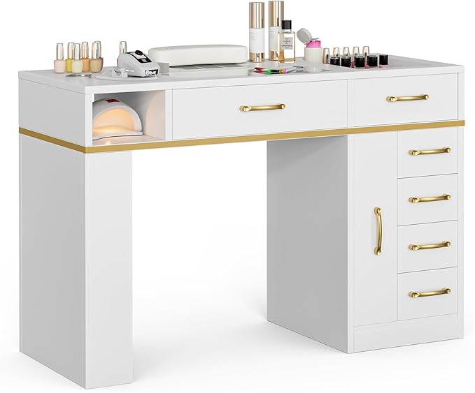Paddie Manicure Table with Dust Collector, Glass Top Nail Tech Table Nail Desk Station w/7 Storage Drawers & 3-Tiers Open Shelves, Nail Beauty Workstation w/Wrist Cushion & Golden Handles(White Color)