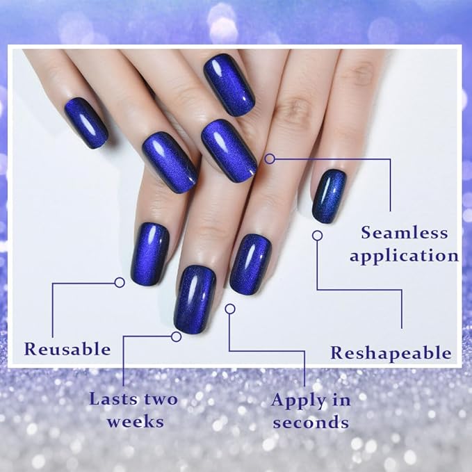 Royal Blue Cat Eye Press on Nails Medium Square, Medium Square Press Glue on Nails Chrome for Women Gift, Blue Holographic Glitter Glossy Reusable Soft Gel Acrylic Fake Nail with Designs Cateye Effect