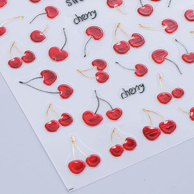 Cherry Nail Art Stickers Decals Summer Fruit Cherry 5D Embossed Nail Decals 3PCS Self-Adhesive Cherries Design Summer Stickers for Nails Art Decorations Supplies Manicure Sliders Accessories for Women