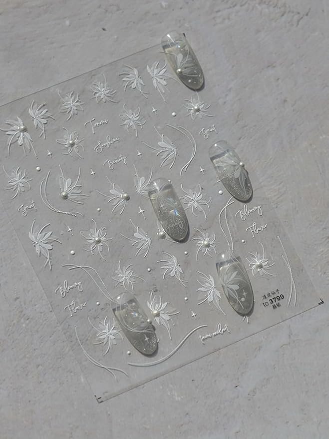 Fairy Pearled Nail Stickers 5D Embossed – Premium Salon-Quality Nail Charm Accessories, Easy Application & Self-Adhesive White Petals Decal for DIY Manicure, Nail Art, Press on, Home or Salon Use