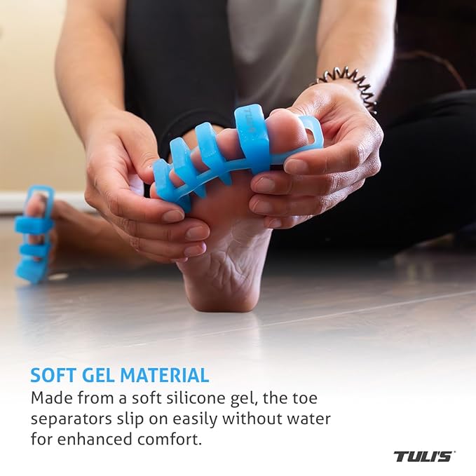 Tuli’s Soft Moves Adjustable Toe Separators, Silicone Toe Spacers for Alignment, Bunions, Hammertoes, Plantar Fasciitis, Yoga, Morton’s Neuroma, and Foot Health, One Size Fits All, Blue