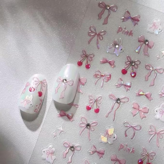 2 Sheets Bow Nail Art Stickers Glitter Pink Blue Bows Nail Art Decals 3D Self-Adhesive Cute Bow Nails Sticker Acrylic DIY Decoration Supplies Charms for Women and Girls