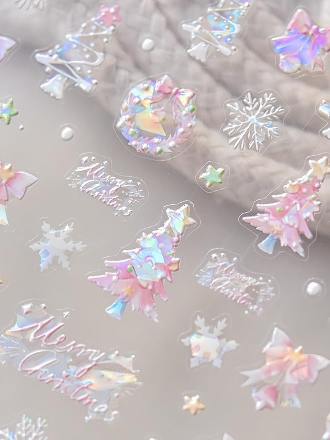 SoftSoul Pink Christmas Nail Stickers - 5D Embossed, Premium Salon-Quality, Easy Application, Self-Adhesive Xmas Tree Lights Decals for DIY Manicure Nail Art, Press on, Home or Salon Use