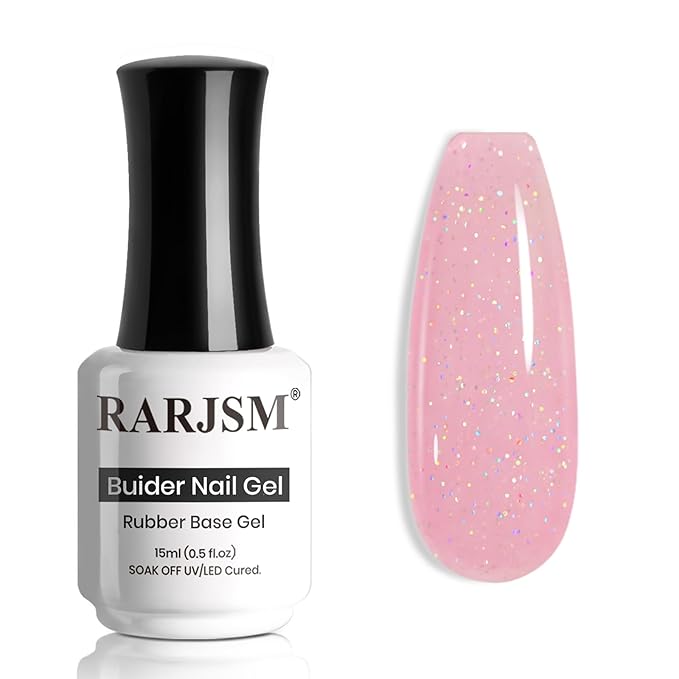 RARJSM Rainbow Glitter Rubber Base Gel Nail Polish Nude Bubble Pink Rubber Base Iridescent Shimmer Brush on Quick Extend Builder Hard Gel Soak Off Curing Requires 15ml Salon Home French Manicure