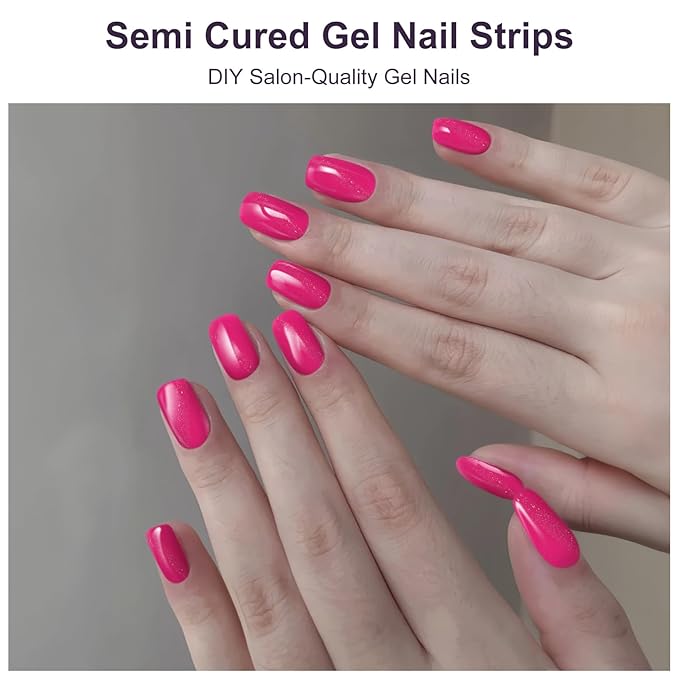 Semi Cured Gel Nail Strips,28 Pcs UV Nail Stickers for Women(cat Eye Pink),Gel Strips for UV Light Requried,Includes Prep Pads, NailFile & Wood Stick