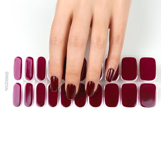 20pcs Semi Cured Gel Nail Strips, Real Nail Polish Art Stickers, Burgundy Gel Nail Stickers - Work with Any UV Lamp, Long Lasting Full Wraps with Nails File and Stick