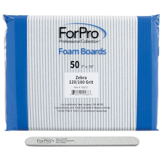 ForPro Zebra Foam Board, 120/180 Grit, Double-Sided Manicure Nail File, 7” L x .75” W 50-Count