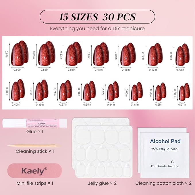 Cat Eye Press on Nails Short Almond - Dark Cherry Red Reddish Brown Shimmer Glossy Press on Nails Women Girls Gift, Soft Gel Press Glue On Nail with Glue Full Cover Reusable Acrylic Fake Nail Kit