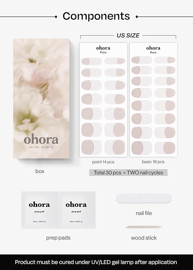 ohora Semi Cured Gel Nail Strips (N Glow French) - White, Glazed, Works with Any UV/LED Lamps, Salon-Quality, Long Lasting, Easy to Apply & Remove - Includes 2 Prep Pads, Nail File & Wooden Stick