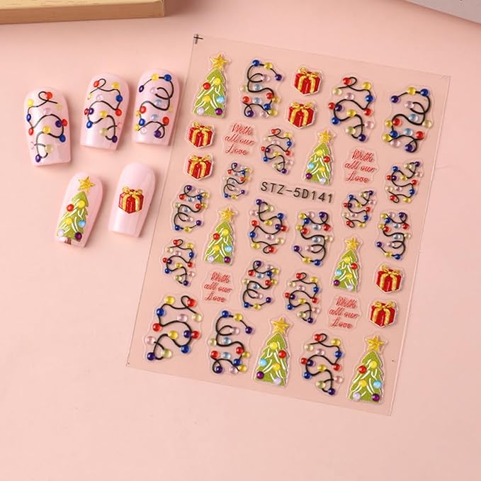 Christmas Nail Art Stickers 5D Embossed Light String Nail Decals with Xmas Tree Gifts Design Color Light Nail Stickers Acrylic Nail Supplies for Women DIY Christmas Decorations 2 Sheets