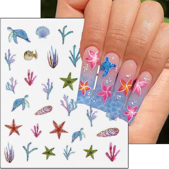 6Pcs Summer Nail Stickers for Nails Art 3D Self Adhesive Beach Nail Decals Tropical Octopus Crab Sea Turtle Shell Design Ocean Nail Supplies Accessories Seahorse Starfish Nail Art Stickers for Women