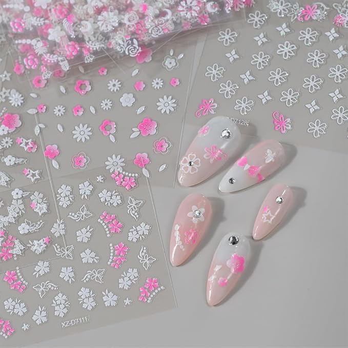 30 Sheets Flower Nail Stickers Floral Nail Art Stickers 3D Embossed Self Adhesive Nail Decals Rose Butterfly Star Heart Nails Design Nail Art Decals for Women Manicure DIY Decoration