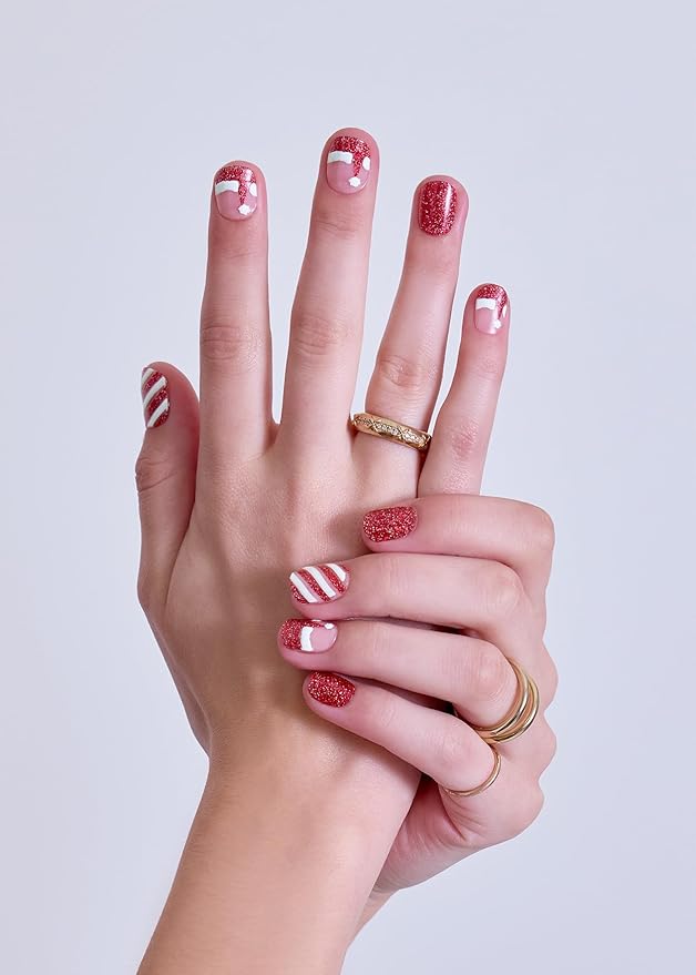 ohora Semi Cured Gel Nail Strips (N Santa Cane) - Red/White, Works with Any UV/LED Lamps, Salon-Quality, Long Lasting, Easy to Apply & Remove - Includes 2 Prep Pads, Nail File & Wooden Stick