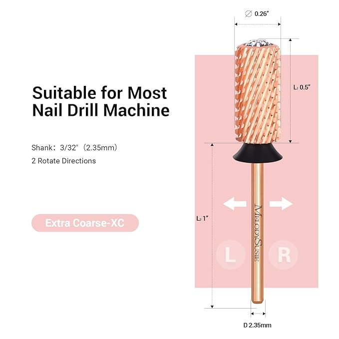 MelodySusie Crystal Top Nail Drill Bits, 3/32'' Large Barrel Carbide Bits, Suitable for Manicure Pedicure Cuticle Gel Polishing, Beginners Bits, Rose Gold, Series Bit-S, Extra Coarse