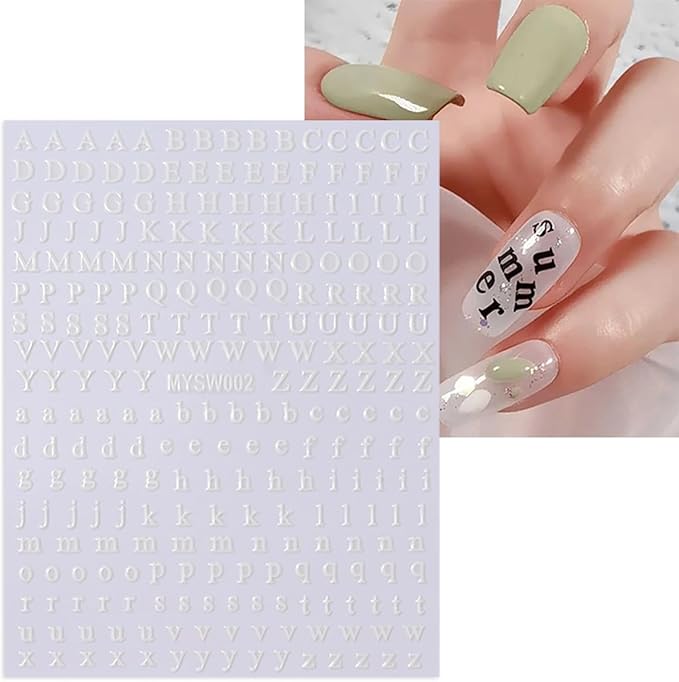 8 Sheets Letter Nail Stickers - 3D Self-Adhesive English Alphabet Nail Decals - Black, White, Gold, Silver - Big & Small Letter Nail Art Design Stickers for DIY Acrylic Nail Art Decorations & Charms