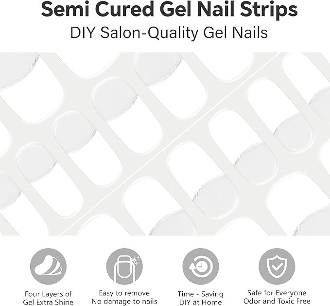 Semi Cured Gel Nail Strips-Bridal Semi-Gel Nail Stickers Wedding French Tip Press Ons,Tear Proof for Big Day,Reusable & Easy Apply Works with Any UV/LED Lamps(Romantic French White)