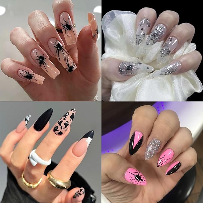 6 Sheet Halloween Nail Stickers Spider Web Spiders Nail Decals 3D Self-Adhesive Design Spooky Bat Snake Skull Nail Art Stickers Silver Black Scary Ghost Nail Art Supplies for Halloween Nail Decoration