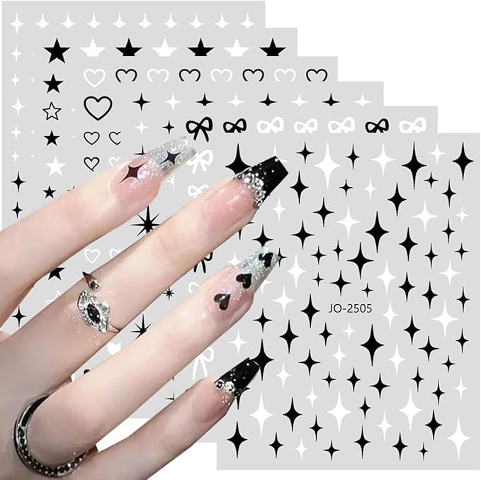 Black White Nail Art Stickers Star Heart Nail Decals Cute Bow Hearts Star Shapes Simple Shiny Pentagram Love Bow Nail Art Designs 3D Self-adhesive Press On Nail Art Charms Sticker Nail Decoration 6PCS