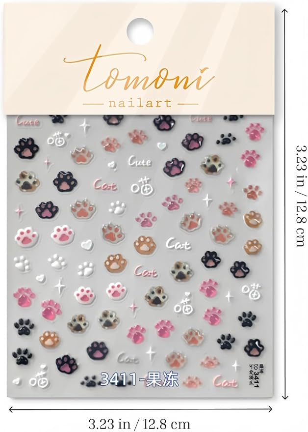 Cat Paws Nail Stickers 5D Embossed – Premium Salon-Quality Nail Charm Accessories, Easy Application & Self-Adhesive Cute Kitten Paw Cats Decal for DIY Manicure, Nail Art, Press on, Home or Salon Use