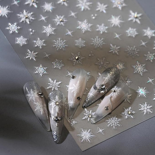 5D Embossed Snowflake Nail Sticker Silver Snowflake Christmas Nail Art Sticker Self Adhesive Nail Decals Shiny Rhinestone Nail Art for Women Girls Winter Holiday Manicure DIY Nails Supplies