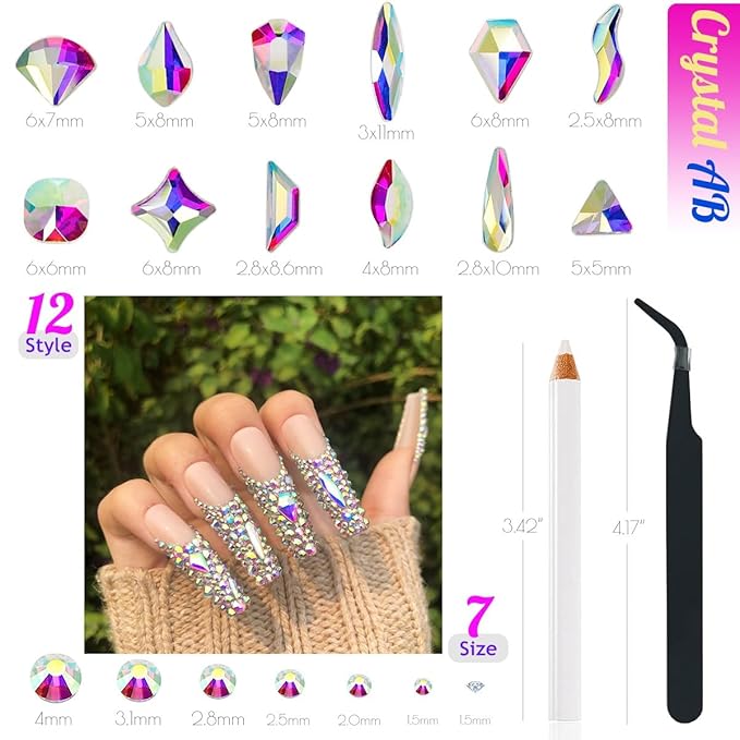 4080Pcs Crystal AB Nail Rhinestones Multi Shapes Flatback Crystal White AB Gems Round Beads K9 Glass Stones Diamonds jewels Nail Art Supplies Nail Charms for Nails Faces Eyes Makeup DIY Crafts
