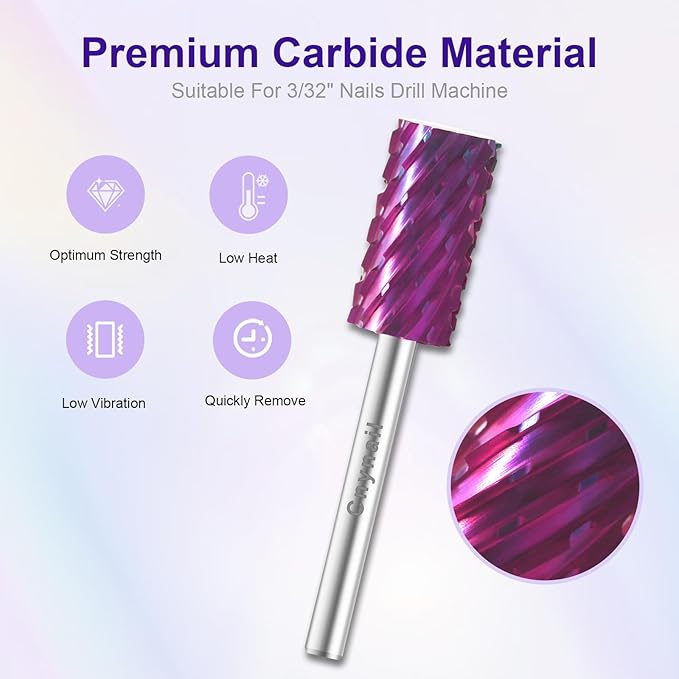 3/32" Large Barrel Bit Tungsten Carbide Nail Drill Bit Safety Bit for Gel & Acrylic Removal, 2- Way Rotating Efile Tip, Salon Electric File Accessory (3XC Girt, Purple)