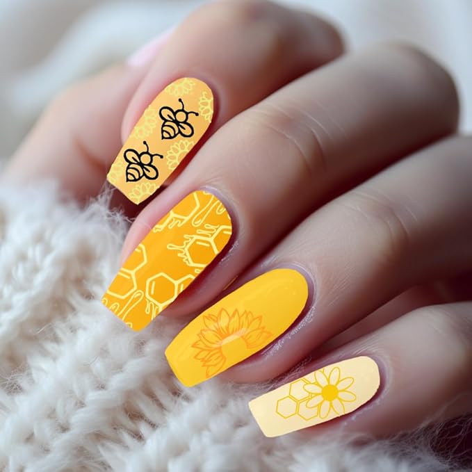 3Pcs Bee Nail Stamping Plate Flowers Honeycomb Nail Art Stamp Templates Stainless Steel Reusable Tools with Stamper Scraper for Manicure Printing