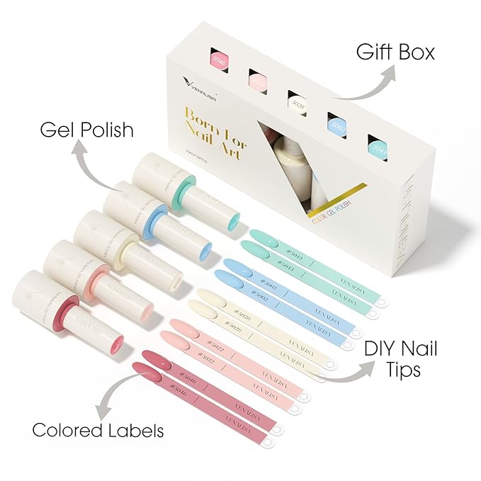 VENALISA Gel Nail Polish Set, 5 Colors 10ML Gel Polish Kit Pastel Yellow Blue Green Pink Color Soak Off Salon Manicure DIY at Home Nail Art For Girls Women