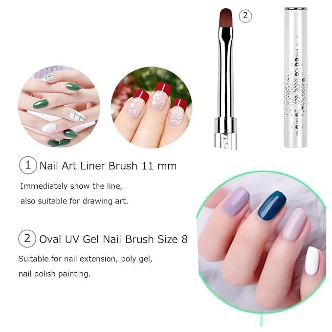 2PCS Professional Nail Art Brushes Set – Dual-Ended French Manicure & Gel Liner Brush with Rhinestone Handle, Acrylic Nails & Home Nail Design (Round head, flat head, wire drawing)
