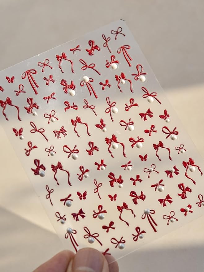 Red Bow Pearls Nail Stickers 5D Embossed – Premium Salon-Quality Nail Charm Accessories, Easy Application & Self-Adhesive Pearled Bows Decal for DIY Manicure, Nail Art, Press on, Home or Salon Use