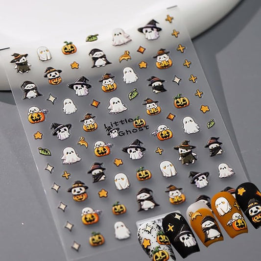 5D Embossed Halloween Nail Stickers Cute Ghost Pumpkin Nail Decals Self-Adhesive Halloween Nail Supplies Pegatinas Uñas Stars Leaf Design Fall Nail Art Stickers for Women Girls DIY Manicure 1Sheets