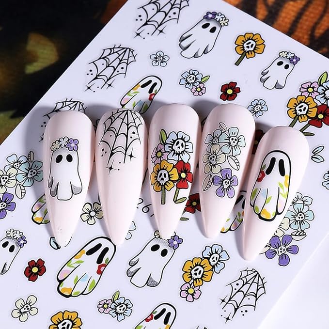 5 Pcs Halloween Nail Art Stickers,Pumpkin Spider Webs and Cute Ghost Designs 3D Self-Adhesive Nail Decals Skull Bat Halloween Nail Decorations DIY Manicure Supplies for Women Girls