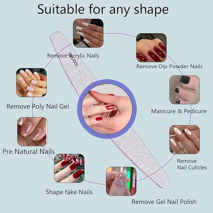 12Pcs Nail File Professional WAFOLOZE Nail Files Reusable Double Sided Emery Boards(100/180 Grit) Nail Styling Tools for Home and Nail Files for Acrylic Nails Salon Use