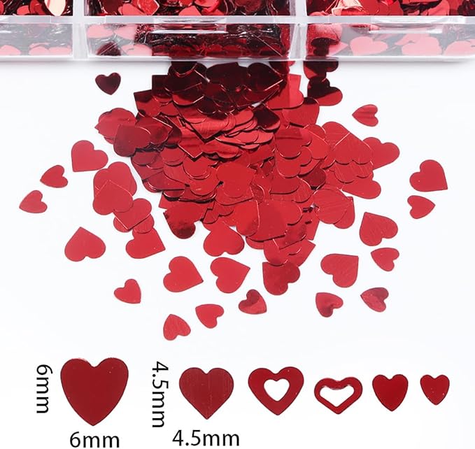 6 Grids Red Heart Nail Glitter Sequins Holographic Mixed Heart and Hollow Heart Nail Art Sequins Valentine's Day Laser Design Nail Charms Glitter Love Nail Flakes for Acrylic Nail Face Decor Supplies
