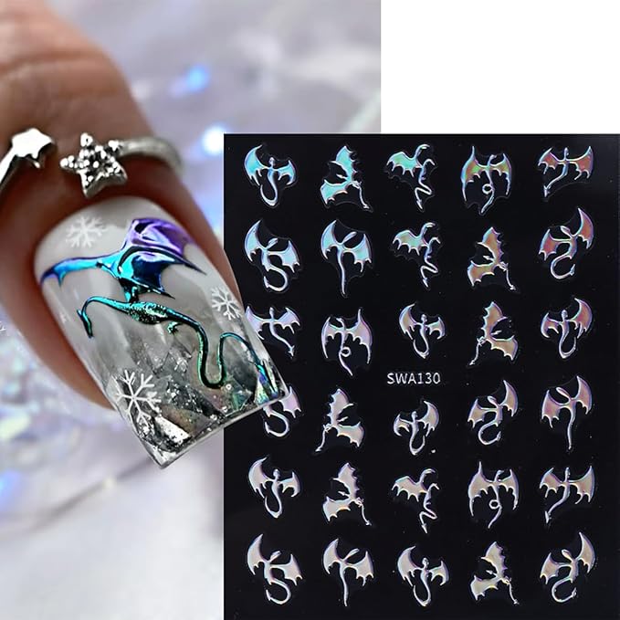 Halloween Nail Stickers 3D Metallic Dragon Nail Art Stickers 6PCS Laser Silver Gold Bronzing Fly Devil Bat Halloween Theme Design Self-Adhesive Nail Decals Accessories for Holiday Nail Art Decorations