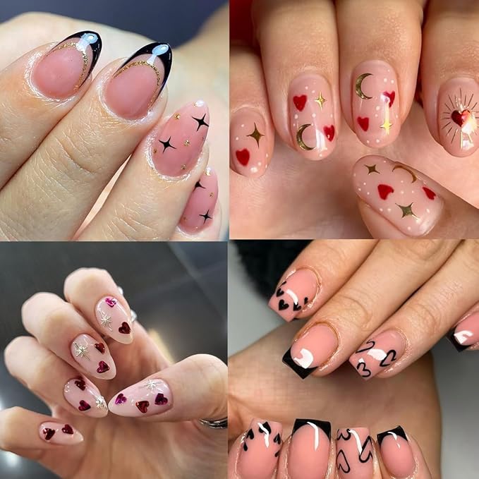 6Sheets Heart Nail Art Stickers, Hearts Stars Nail Decals for Women Valentines Nail Art Supplies 3D Black White Gold Silver Blue Red Heart Stickers for Nails Design Sticker DIY Manicure Decoration