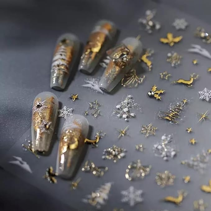 Christmas Nail Art Stickers 5D Embossed Gold Silver Elk Nail Stickers Self-Adhesive Rhinestone Snowflake Bow Xmas Tree Star Elk Nail Decals for Women Girls Winter Holiday Manicure 2 Sheets