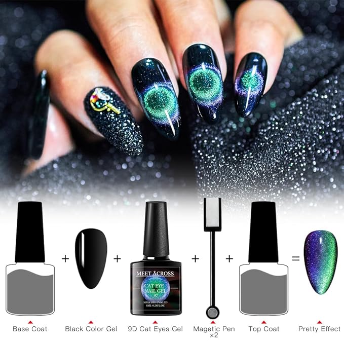 MEET ACROSS 9D Cat Eye Gel Nail Polish Set 6 Colors Magnetic Cat Eye Gel Nail Polish Set Soak Off UV LED Light Starry Sky Effect Magnetic Nail Polish Kit Manicure Nail Art Gift Kit